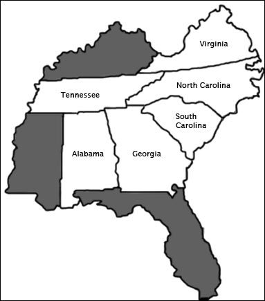 Map of the South East US