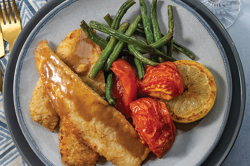 Flounder Meuniere with Roasted Green Beans and Tomatoes